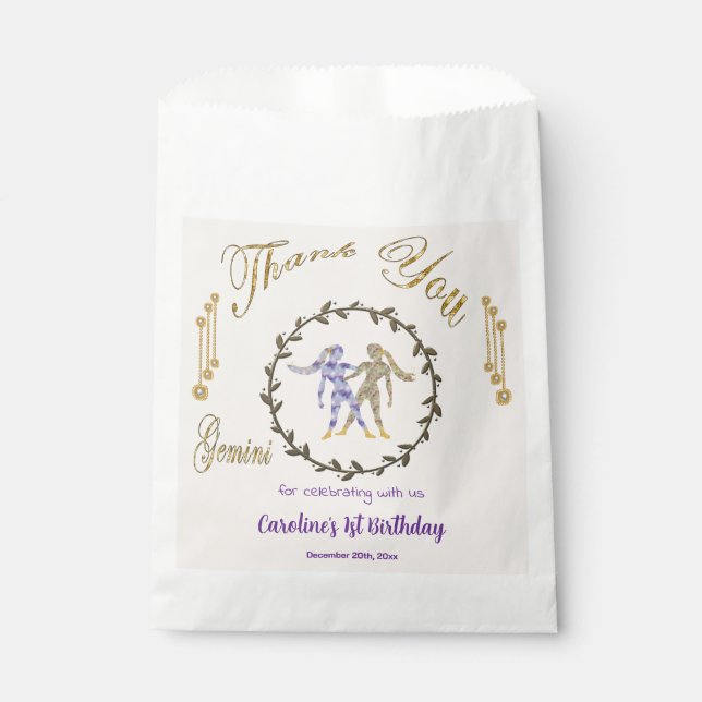 Gold & Pearls Gemini 1st Birthday Thank You Favor Bag (Front)