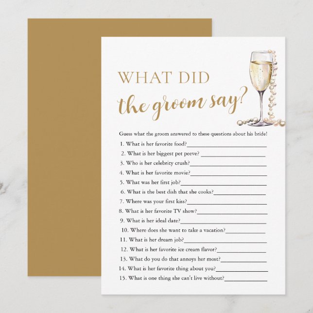 Gold Pearls & Prosecco What Did The Groom Say Game Invitation (Front/Back)