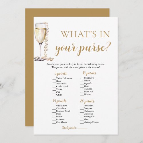 Gold Pearls  Prosecco Whats In Your Purse Game Invitation