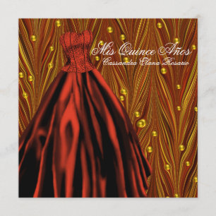 Gold Pearls Red Dress Red Gold Quinceanera Invitation