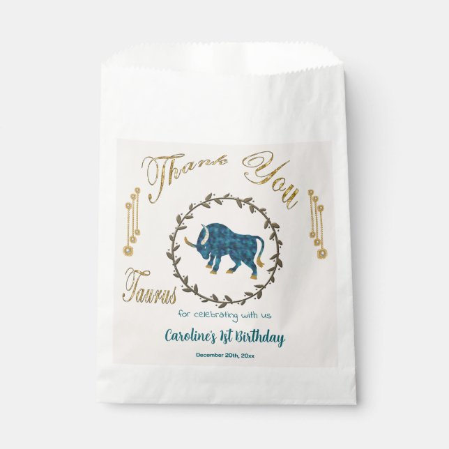 Gold & Pearls Taurus 1st Birthday Thank You Favor Bag (Front)