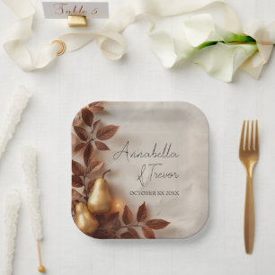 Gold Pears & Olive Leaves Autumn Custom Name Paper Plates
