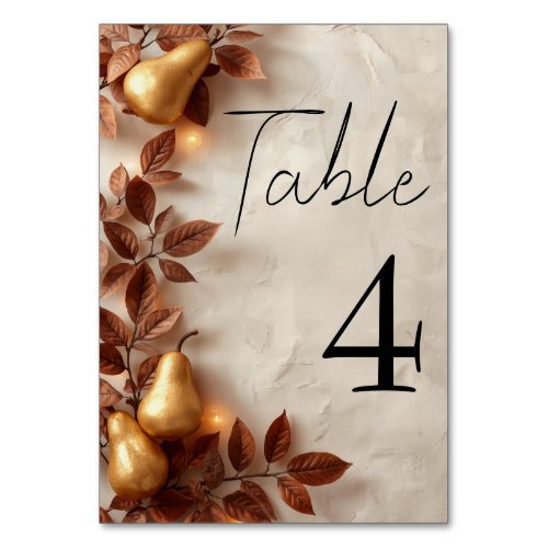Gold Pears & Olive Leaves Autumn Wedding Table Number