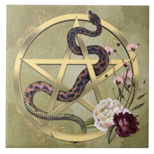 Gold Pentacle and Snake with Roses Pagan Altar Ceramic Tile