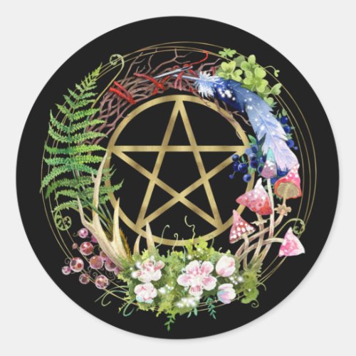 Gold Pentacle Nature Wreath Flowers Bohemian Classic Round Sticker