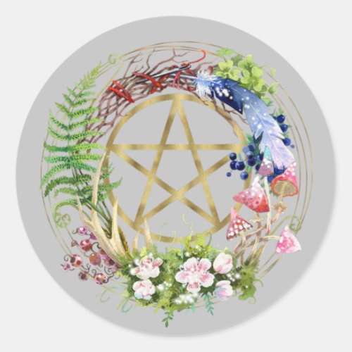 Gold Pentacle Nature Wreath Flowers Bohemian  Classic Round Sticker