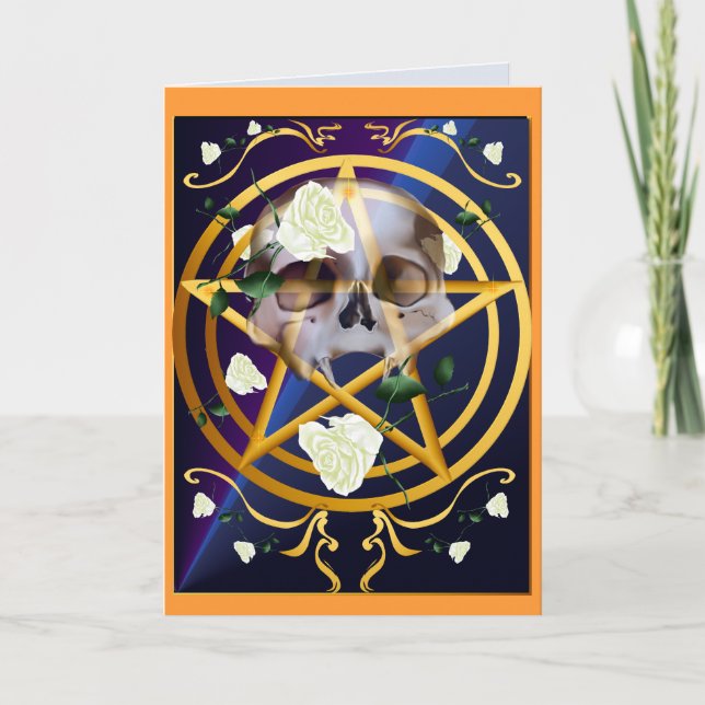 Gold Pentagram-Skull-White Roses Card (Front)