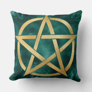 Gold Pentagram Symbol on Green Throw Pillow