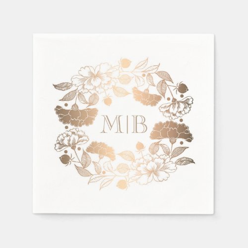Gold Peonies - Floral Wreath Garden Wedding Paper Napkins - Gold floral elegant wedding napkins