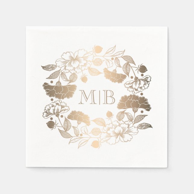 Gold Peonies - Floral Wreath Garden Wedding Paper Napkins (Front)