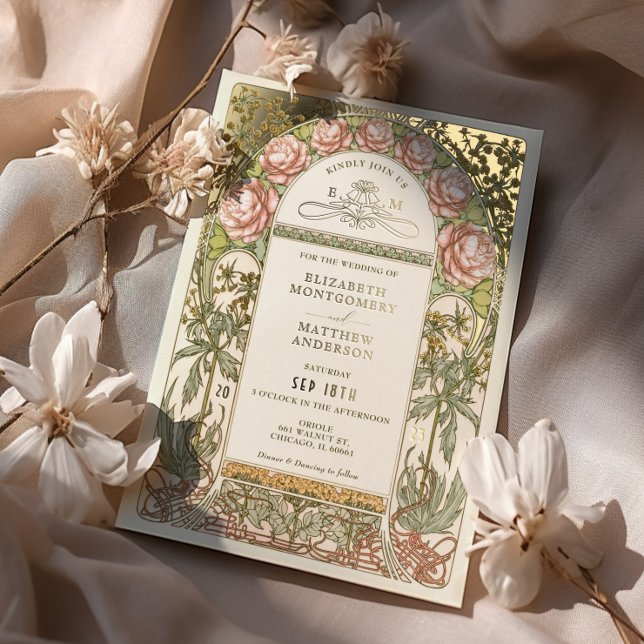 Gold Peonies Vintage Wedding Art Nouveau Foil Invitation