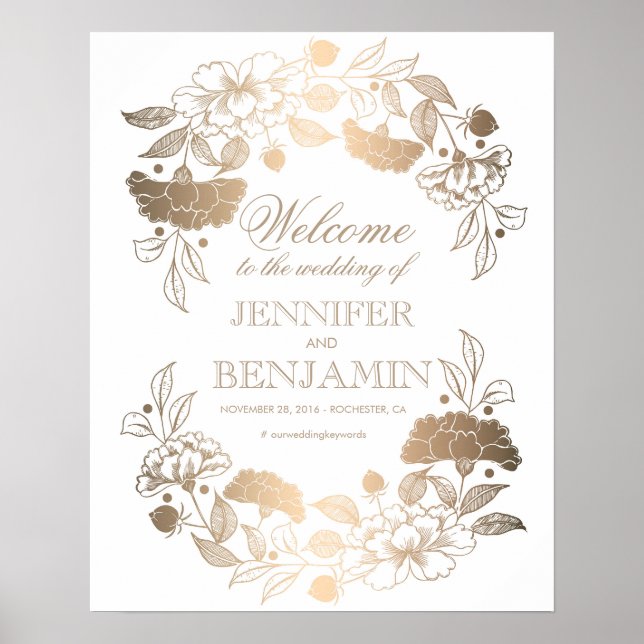 Gold Peonies Wreath Elegant Wedding Welcome Sign (Front)