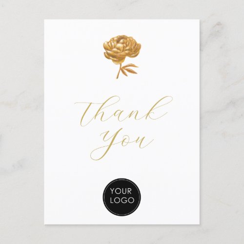 Gold Peony Business Logo Script Thank You White Postcard