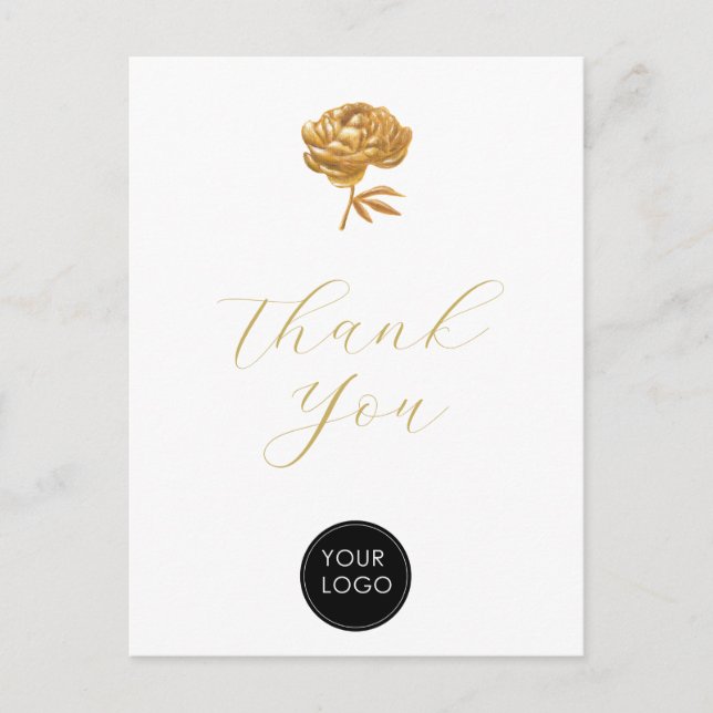 Gold Peony Business Logo Script Thank You White Postcard (Front)