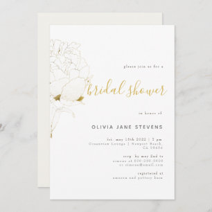 Gold Peony Elegant Floral Sketch BW Bridal Shower Invitation