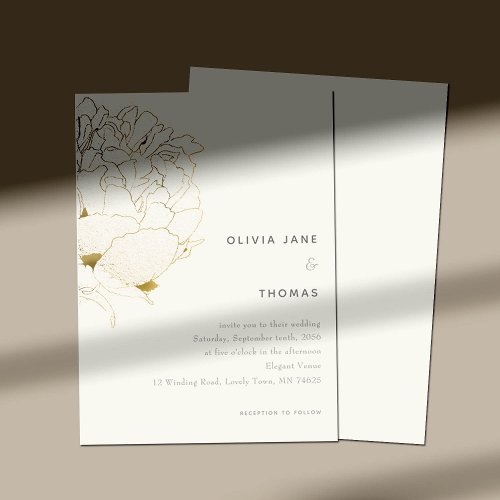 Gold Peony Elegant Floral Sketch BW Wedding Invitation