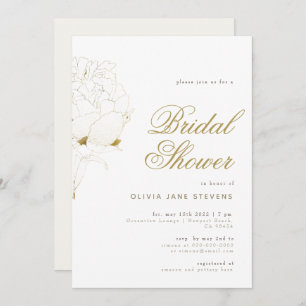 Gold Peony Elegant Script Floral BW Bridal Shower Invitation