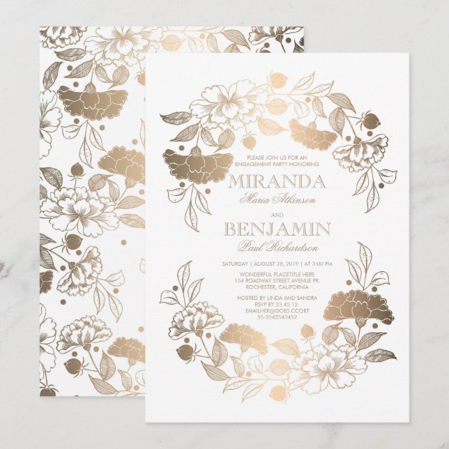 Gold Peony Floral Wreath Elegant Engagement Party Invitation (Front/Back)