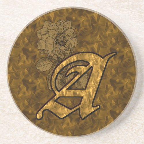 Gold Peony Monogram Initial A Drink Coaster