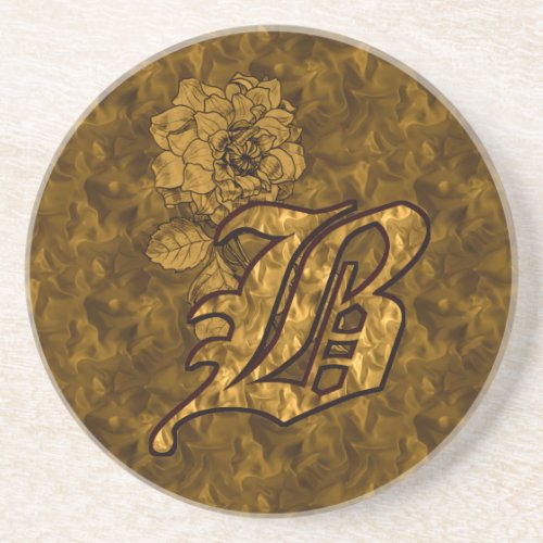 Gold Peony Monogram Initial B Drink Coaster