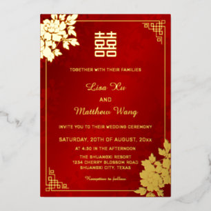  Gold Peony Red Shimmering   Chinese Wedding Foil Invitation