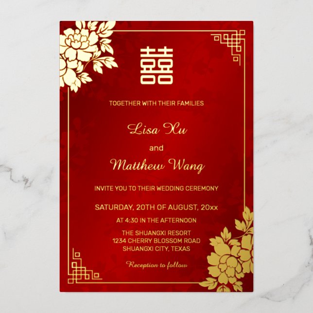  Gold Peony Red Shimmering | Chinese Wedding Foil Invitation (Front)