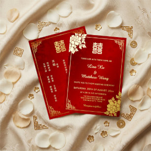 Gold Peony Red Shimmering Chinese Wedding Foil Invitation