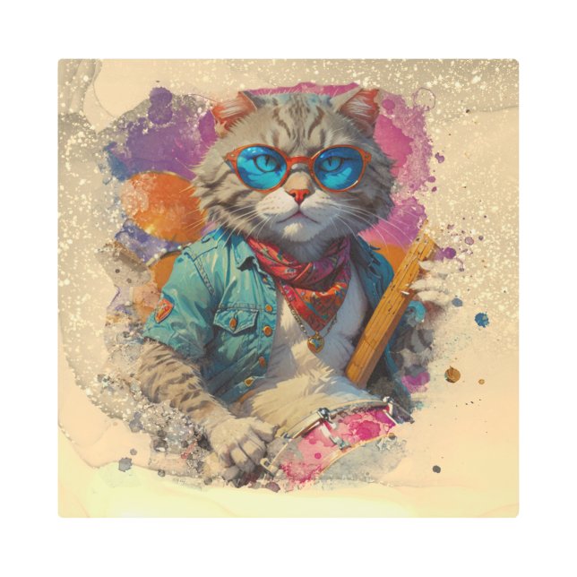 *~* *~* Gold Percussionist Cool Cat AP91 DRUMMER Metal Print (Front)