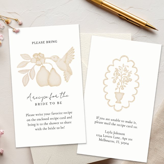 Gold Perfect Pear Bridal Shower Recipe Card Insert (Recipe Card Explanation Insert Card)