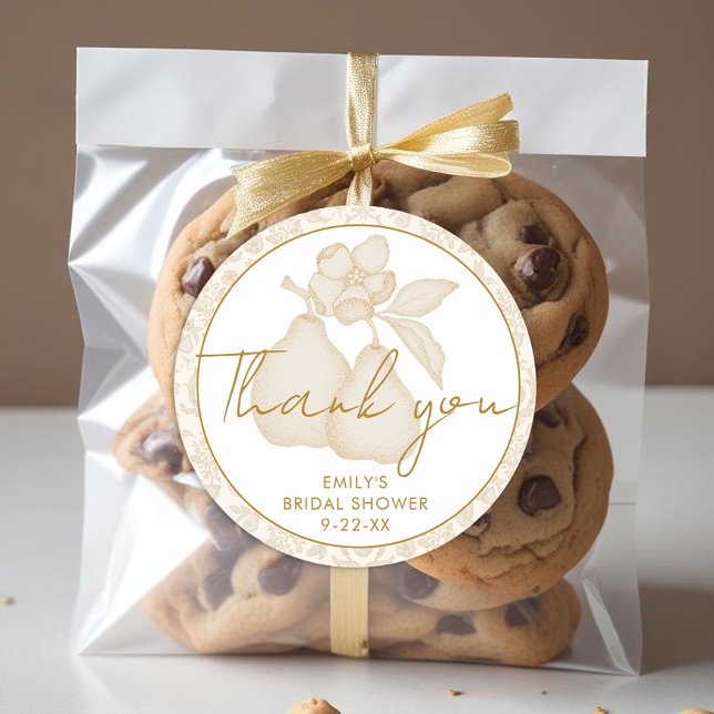 Gold Perfect Pear Bridal Shower Thank You Favor Classic Round Sticker (Thank You Favor Sticker)