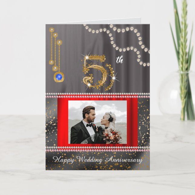 Gold Personalized 5th Wedding Anniversary & Photo Card (Front)