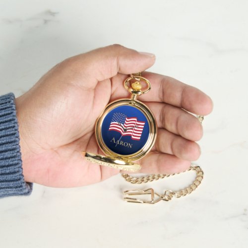 Gold Personalized American Flag Pocket Watch 