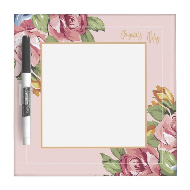Gold Personalized Angela's Notes Flowery Romantic Dry Erase Board (Front)