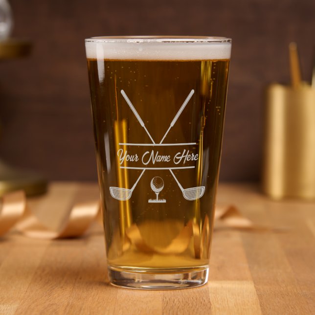Gold Personalized Custom Golfer Name Etched Pint Glass (Party)