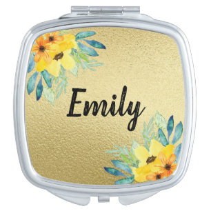 Gold Personalized Floral Compact Mirror Monogram