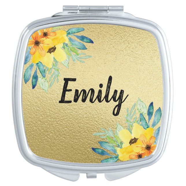 Gold Personalized Floral Compact Mirror Monogram (Front)
