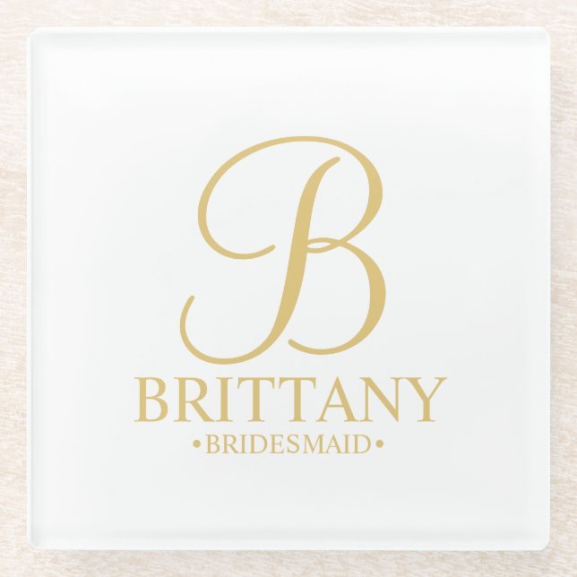 Gold Personalized Monogram and Name Bridesmaid Glass Coaster (Front)