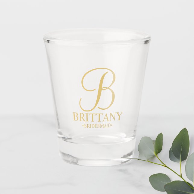 Gold Personalized Monogram and Name Bridesmaid Shot Glass (Creator Uploaded)