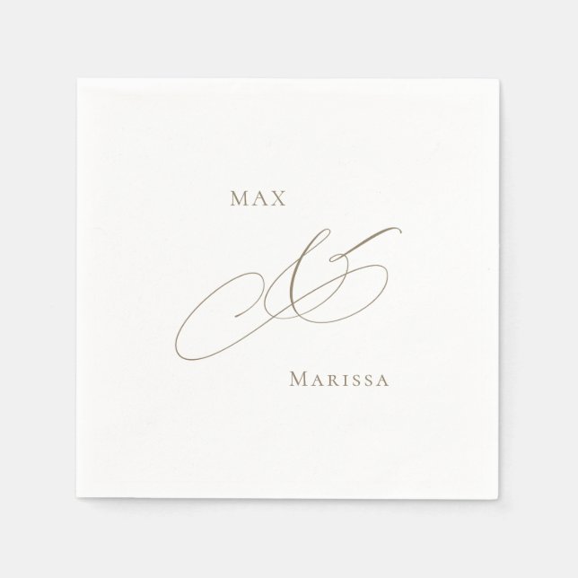 Gold Personalized  White Elegant Wedding Cocktail Napkins (Front)