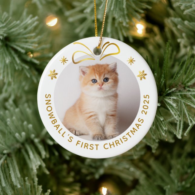 Gold Pet Cat Christmas Personalized Photo Holiday Ceramic Ornament (Tree)