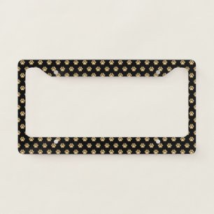 Gold Pet Lover Paw Print Pattern   Black License Plate Frame