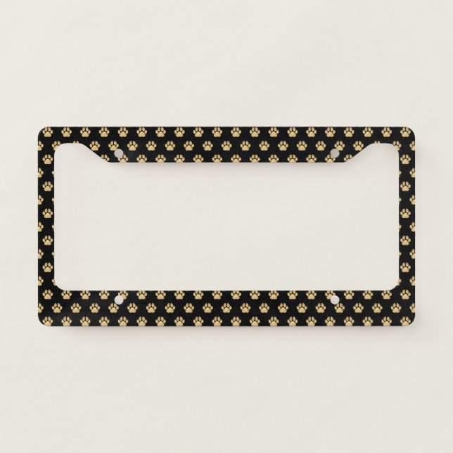 Gold Pet Lover Paw Print Pattern | Black License Plate Frame (Front)