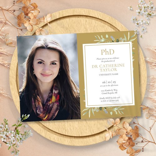 Gold PhD Degree Greenery Graduation Photo Invitation