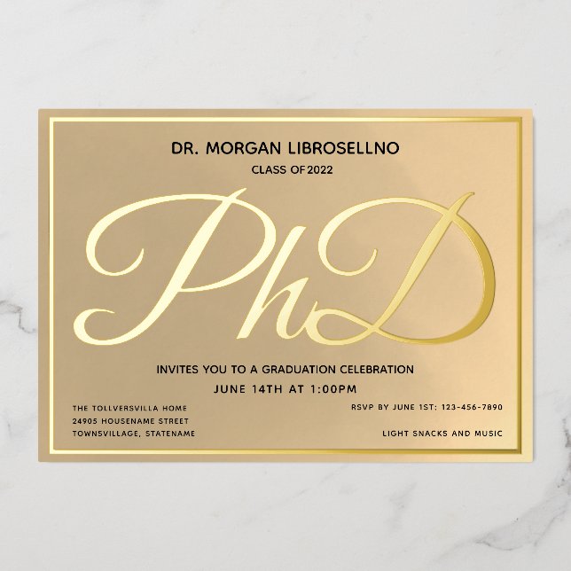 Gold PhD Graduation Foil Invitation (Front)
