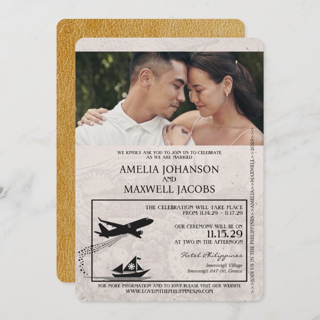 Gold Philippines Passport Wedding Invitation (Front/Back)