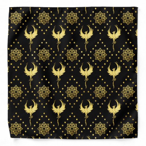 Gold Phoenix and lotus symbol pattern on black Bandana