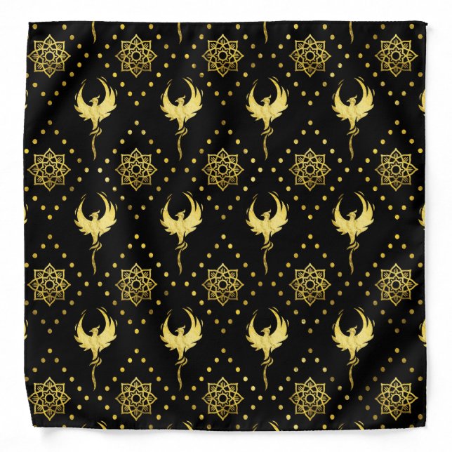 Gold Phoenix and lotus symbol pattern on black Bandana (Front)