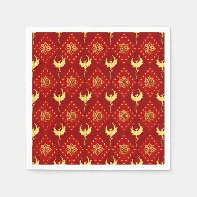 Gold Phoenix and lotus symbol pattern on red Napkins (Front)