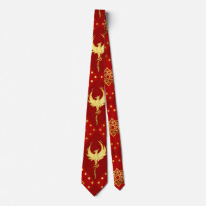 Gold Phoenix and lotus symbol pattern on red Neck Tie