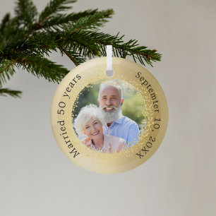 Gold photo 50th wedding anniversary glass ornament